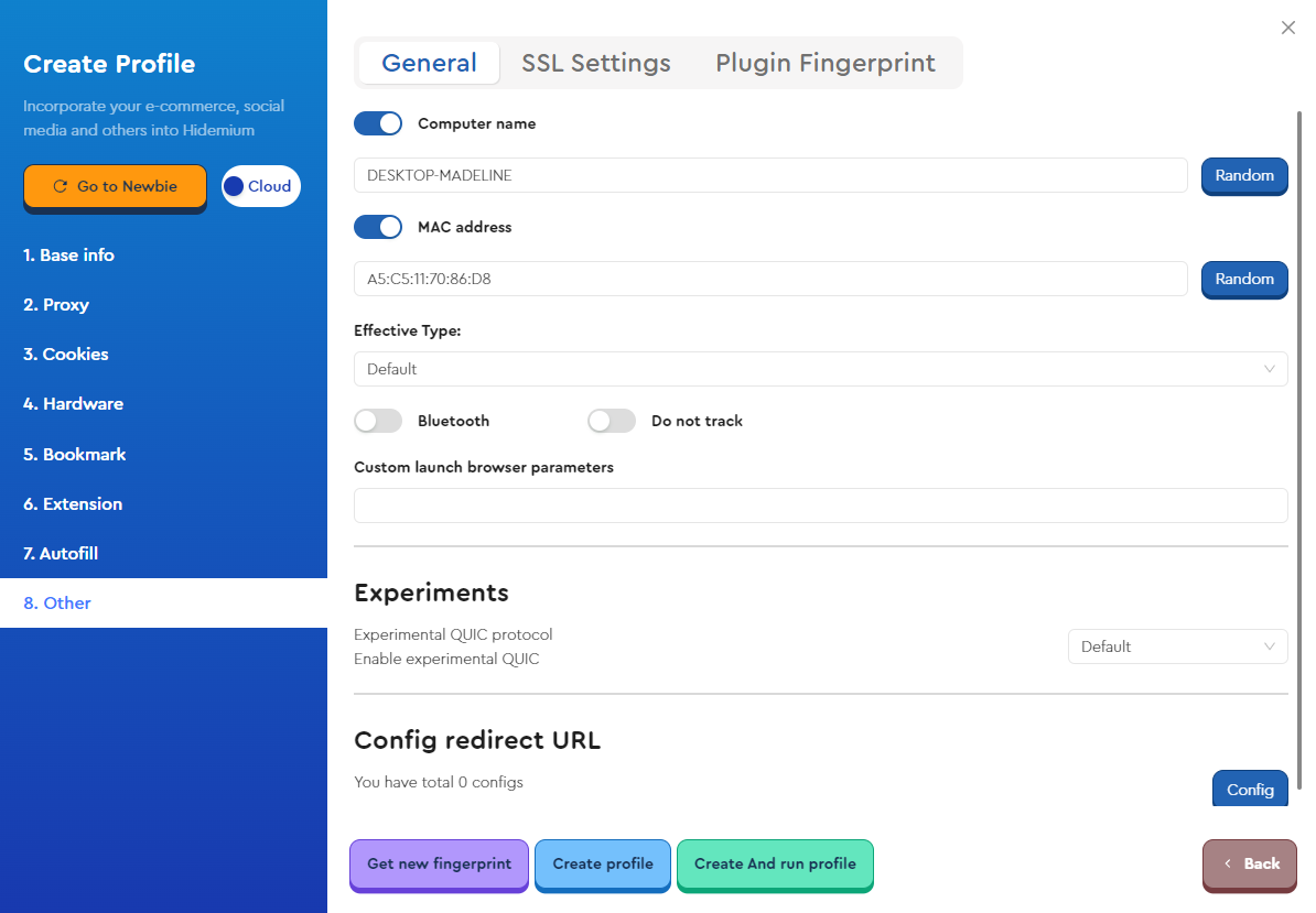 antidetect browser hidemium Other config