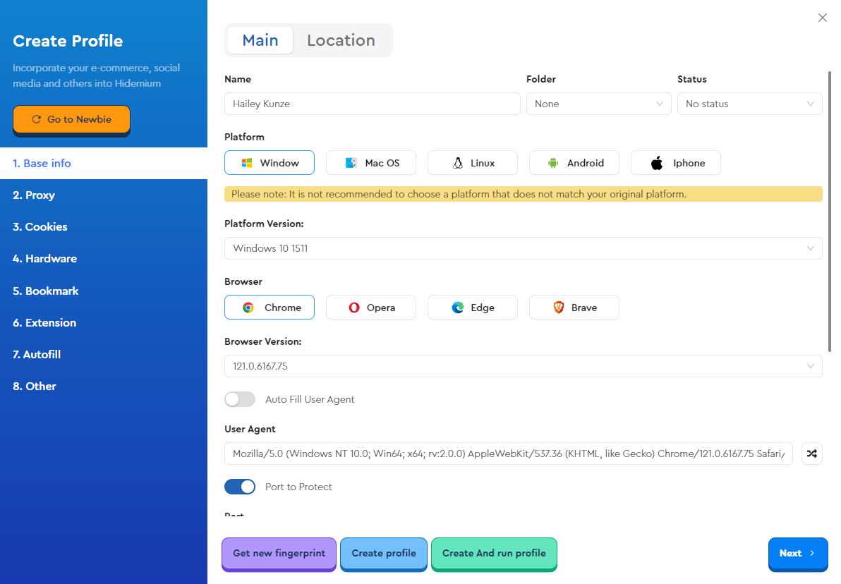 tạo profile hidemium 6