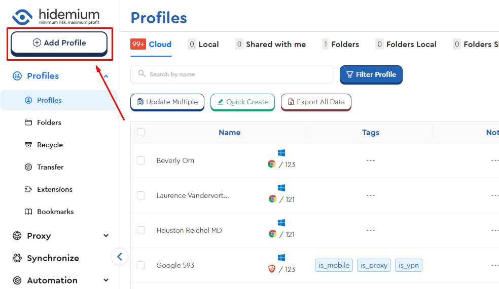 tạo profile hidemium